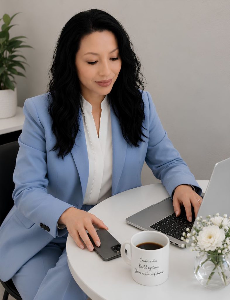 woman sitting down with coffee, cellphone and laptop