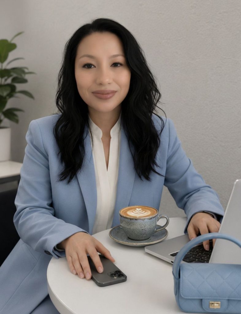 woman sitting down smiling with coffee