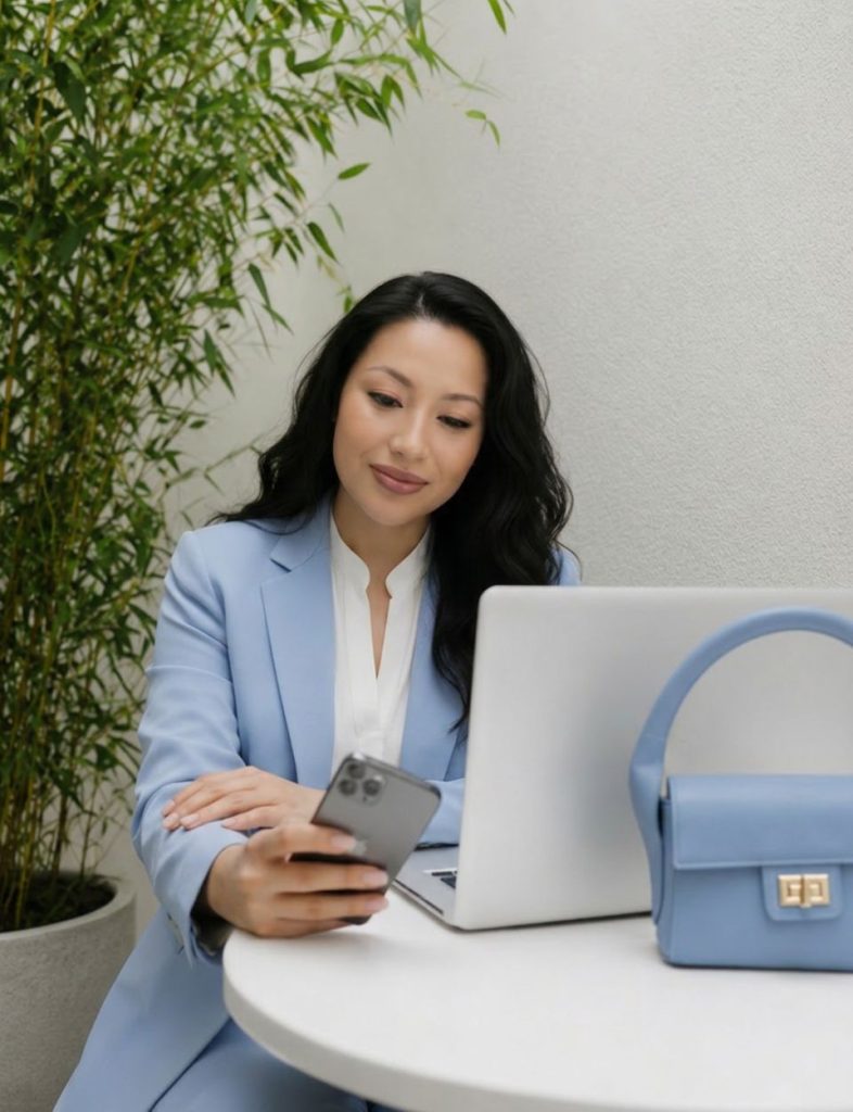 woman smiling sitting with laptop and cellphone